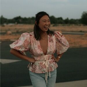 AUREUM Pink and White Puff Sleeve Peplum Blouse